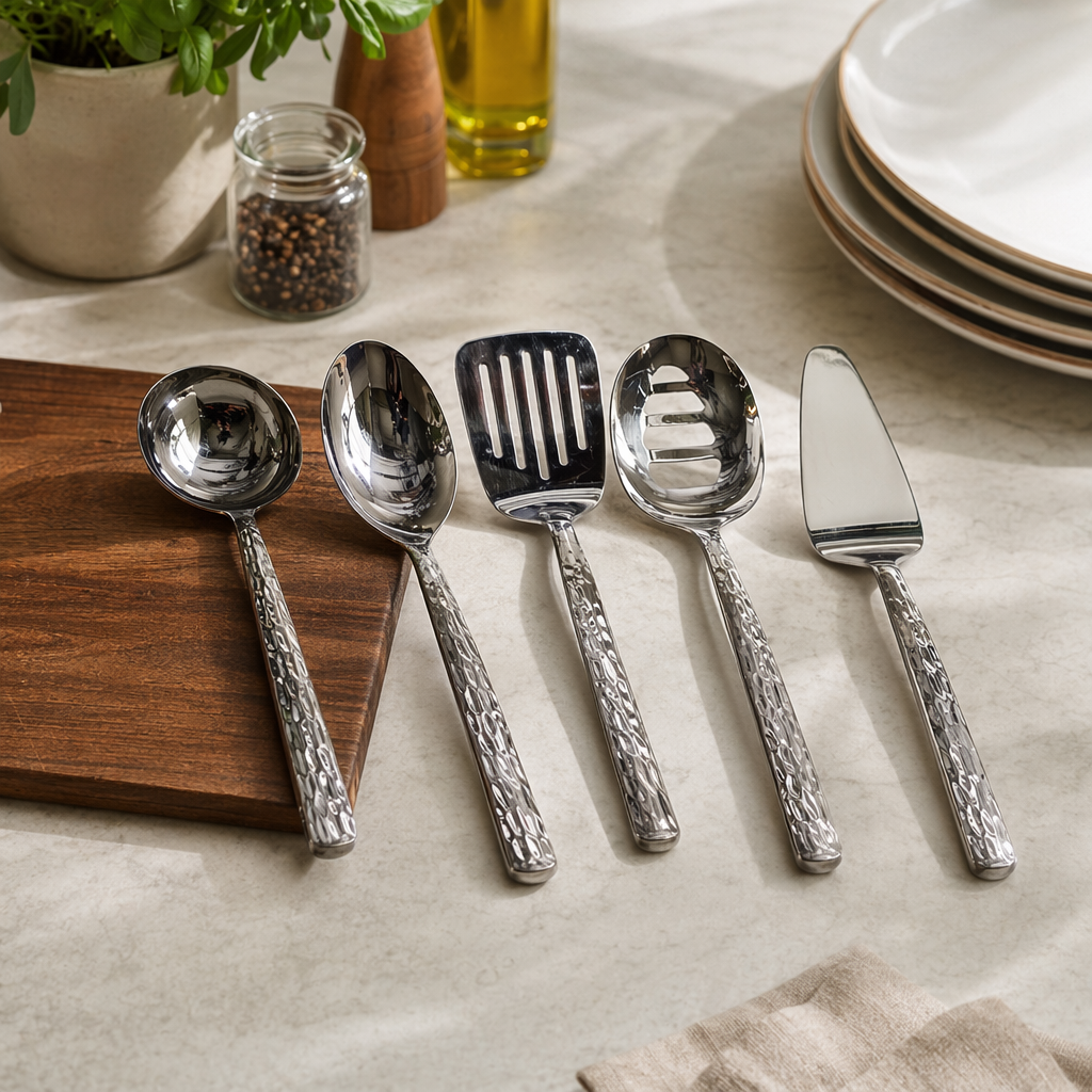 Silver kitchenware set, a complete set of stainless steel kitchenware including spatulas, spoons and strainers details Picture