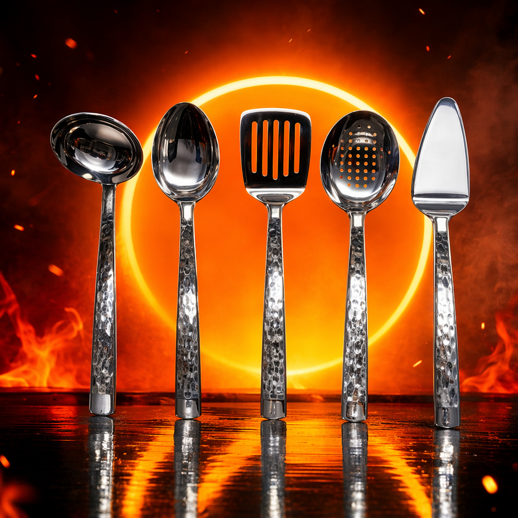 Silver kitchenware set, a complete set of stainless steel kitchenware including spatulas, spoons and strainers Specification image