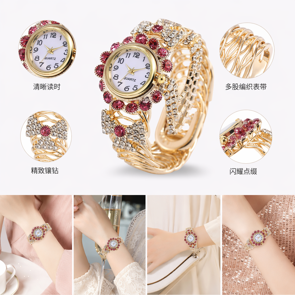 金色镶钻女士手表 时尚轻奢简约百搭石英表