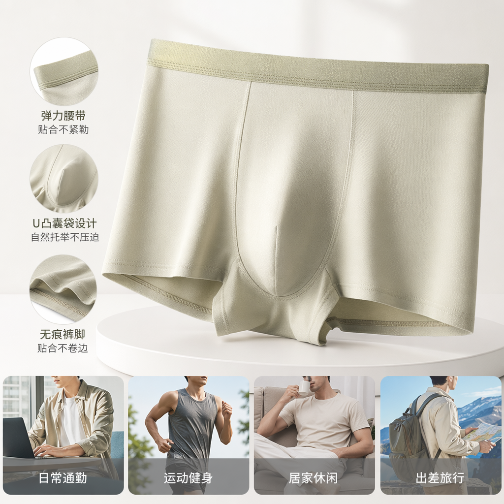Light green pure cotton men's underwear is comfortable, breathable, seamless and has flat corners at the four corners