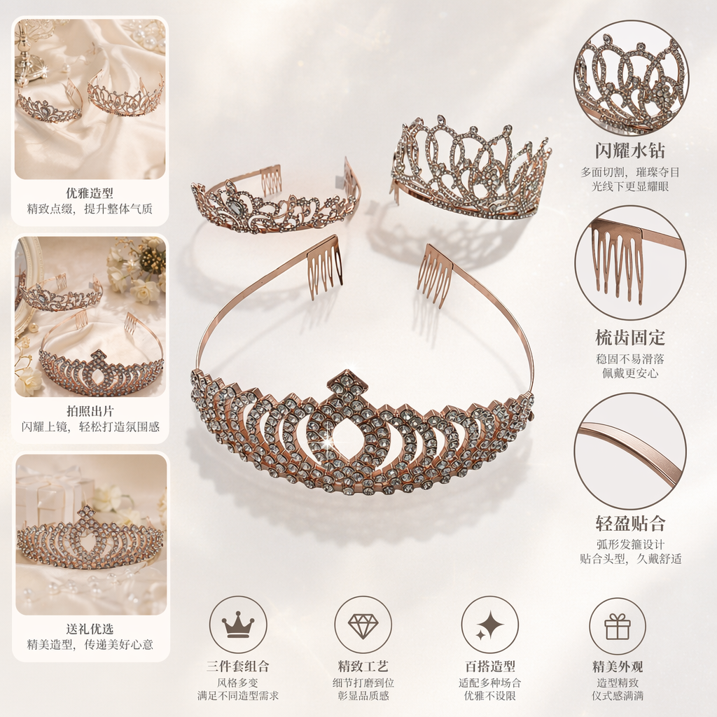 Rose gold diamond-encrusted crown headwear, ladies' wedding party hair accessory, exquisite top hat
