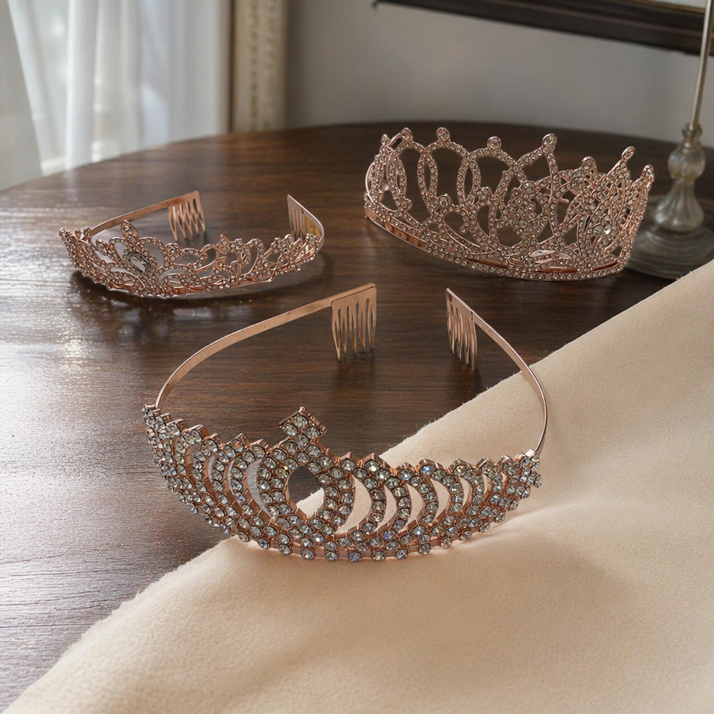Rose gold diamond-encrusted crown headwear, ladies' wedding party hair accessory, exquisite top hat details Picture