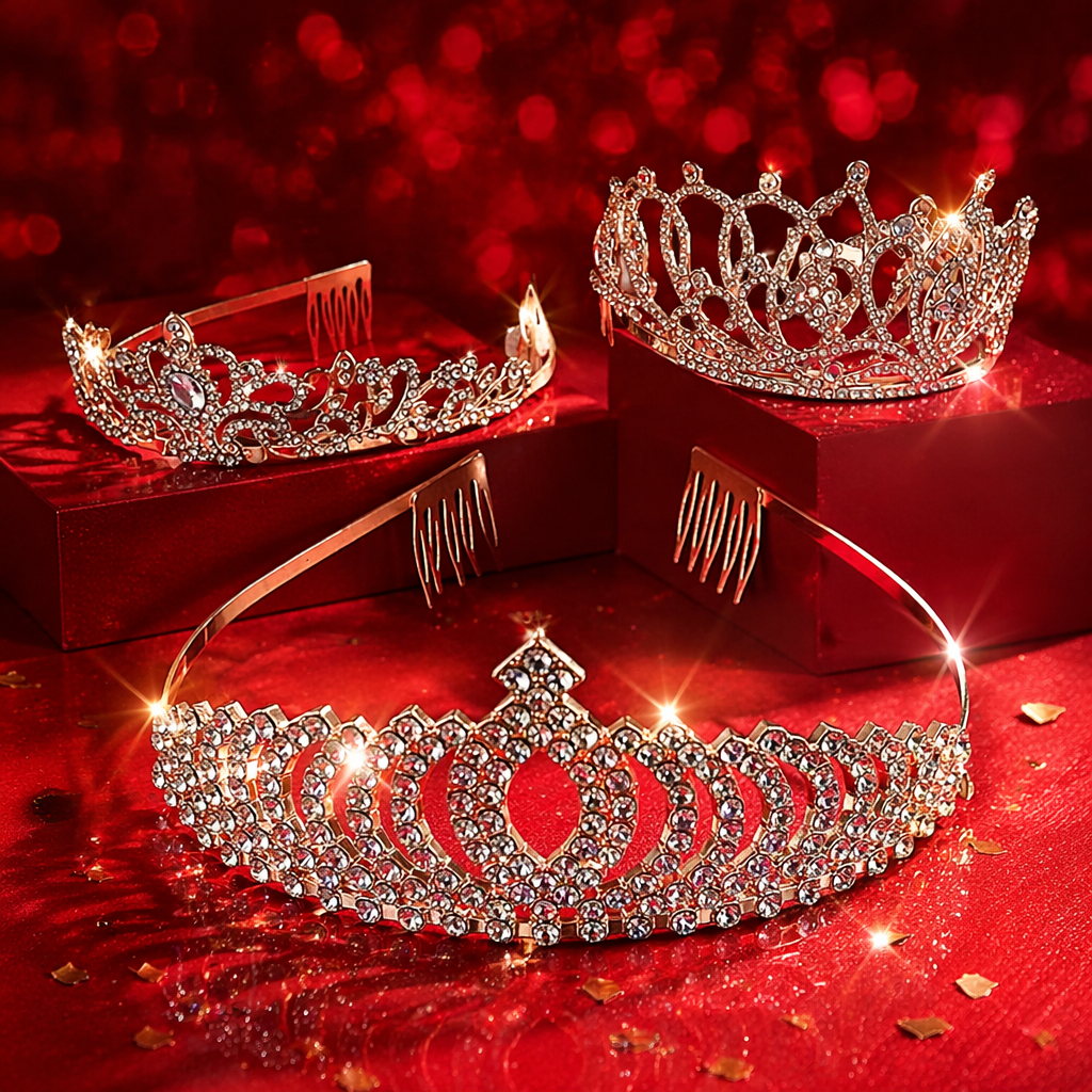 Rose gold diamond-encrusted crown headwear, ladies' wedding party hair accessory, exquisite top hat Specification image