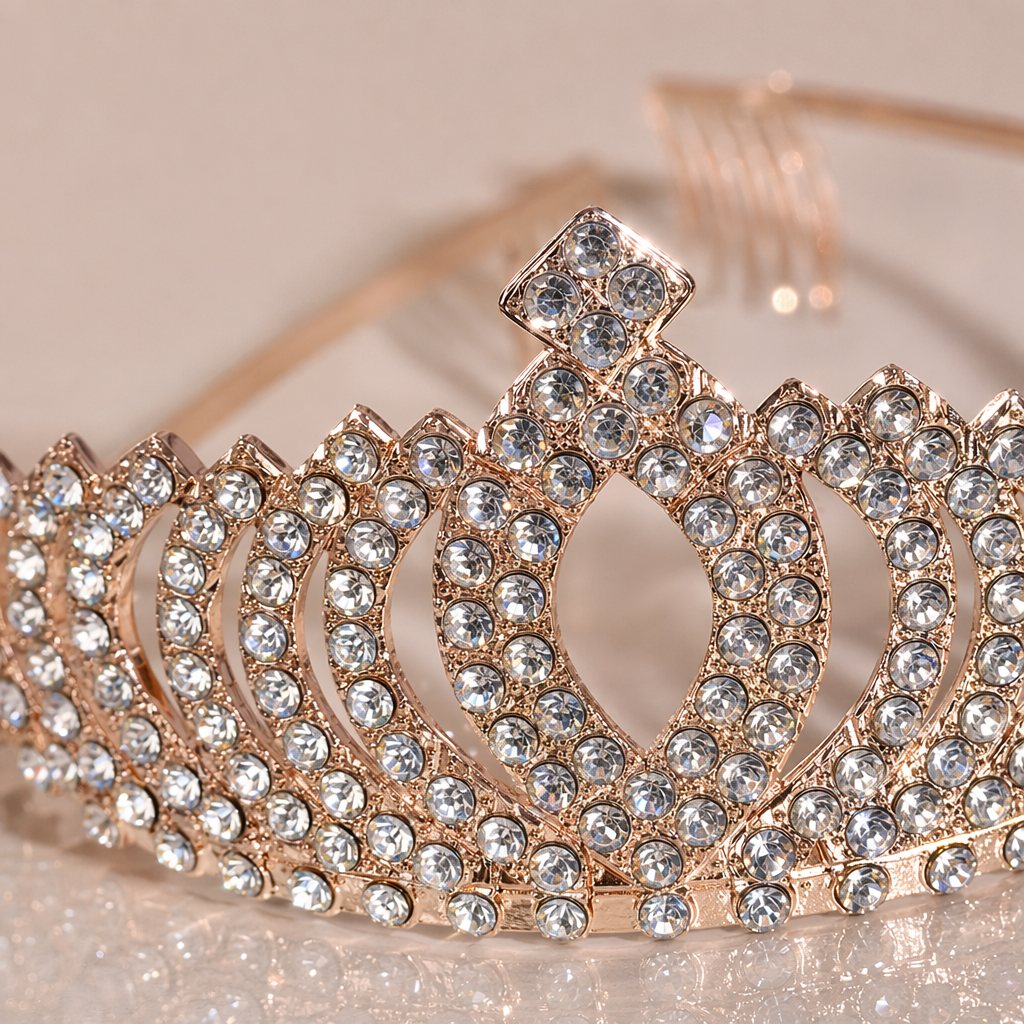 Rose gold diamond-encrusted crown headwear, ladies' wedding party hair accessory, exquisite top hat Application Scenario