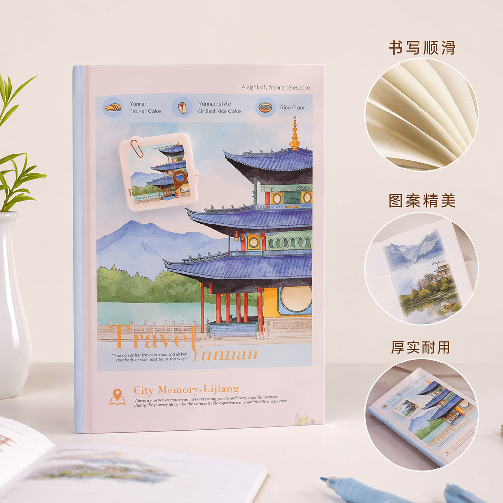 淡粉色云南丽江古建筑插画Travel Yunnan笔记本
