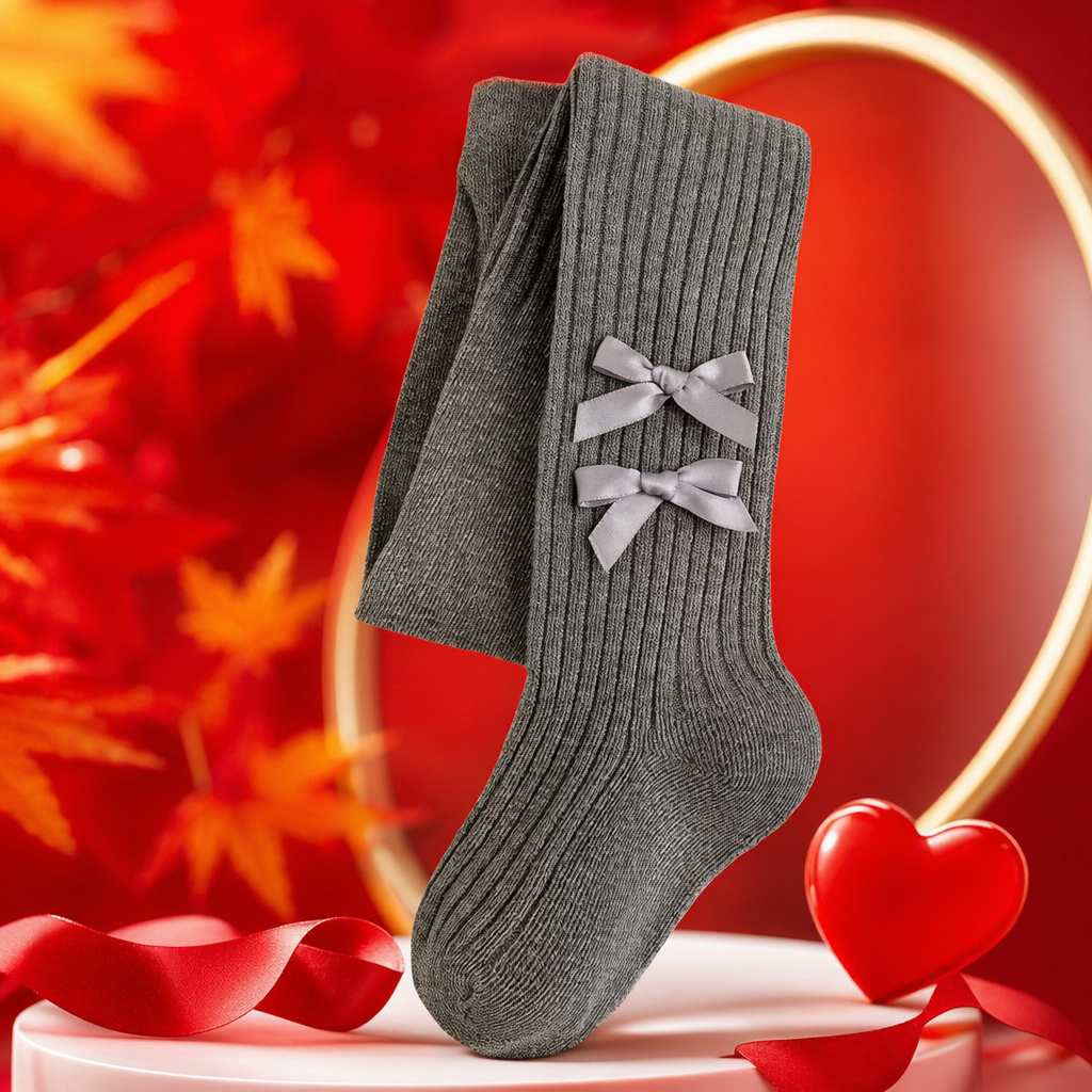 The grey vertical striped stockings are decorated with two light grey bows on the body, looking elegant and form-fitting Specification image