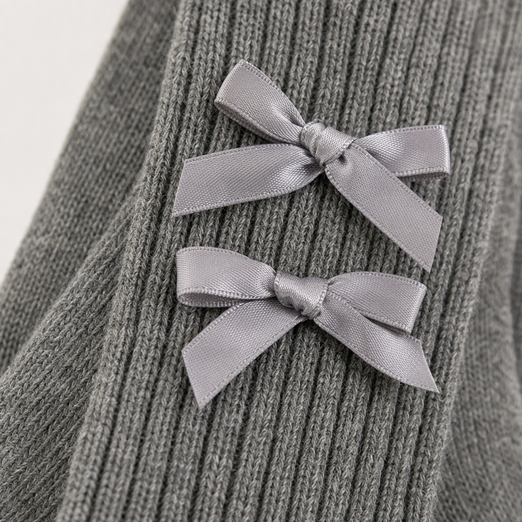 The grey vertical striped stockings are decorated with two light grey bows on the body, looking elegant and form-fitting Application Scenario