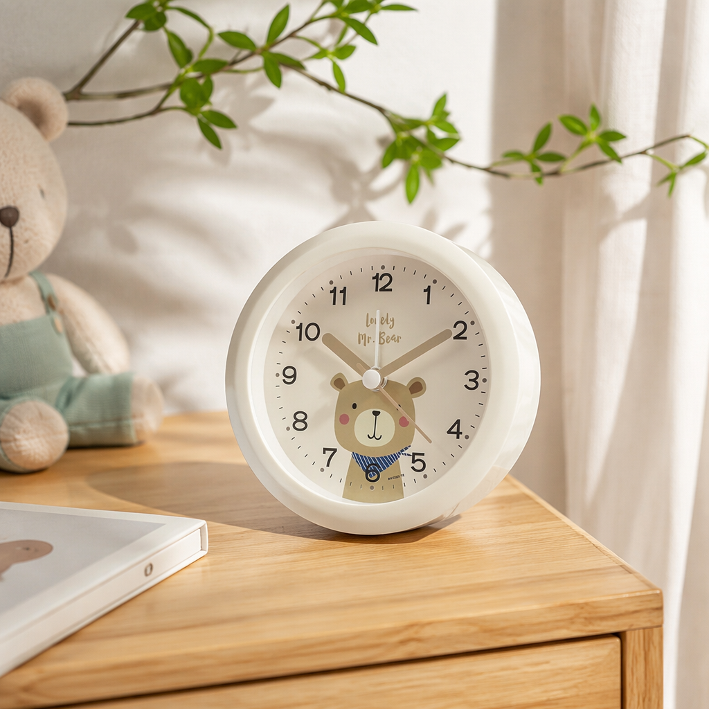 White circular cartoon bear pattern alarm clock, silent bedroom bedside clock details Picture