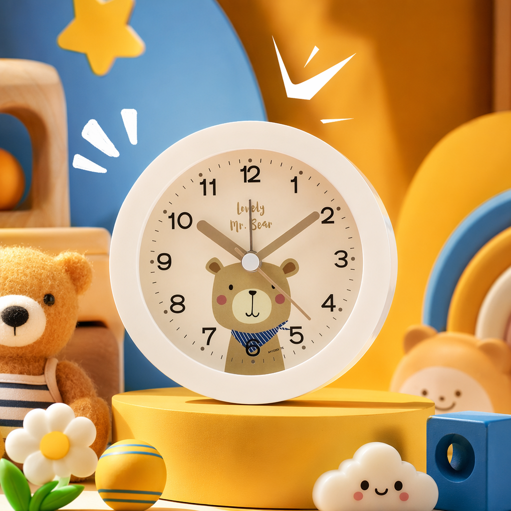 White circular cartoon bear pattern alarm clock, silent bedroom bedside clock Specification image