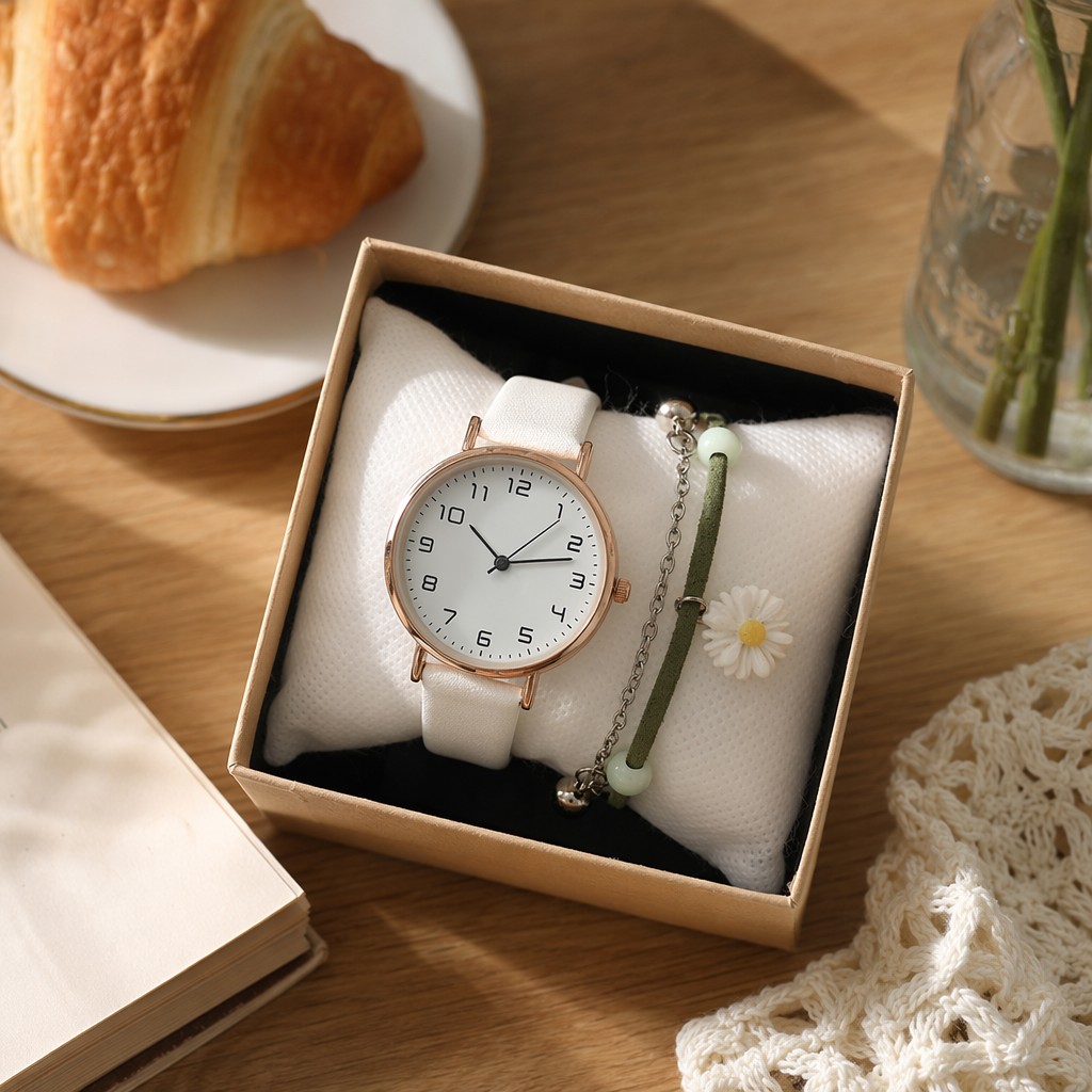 The white dial watch with a green bracelet is simple and fashionable, suitable for both men and women details Picture