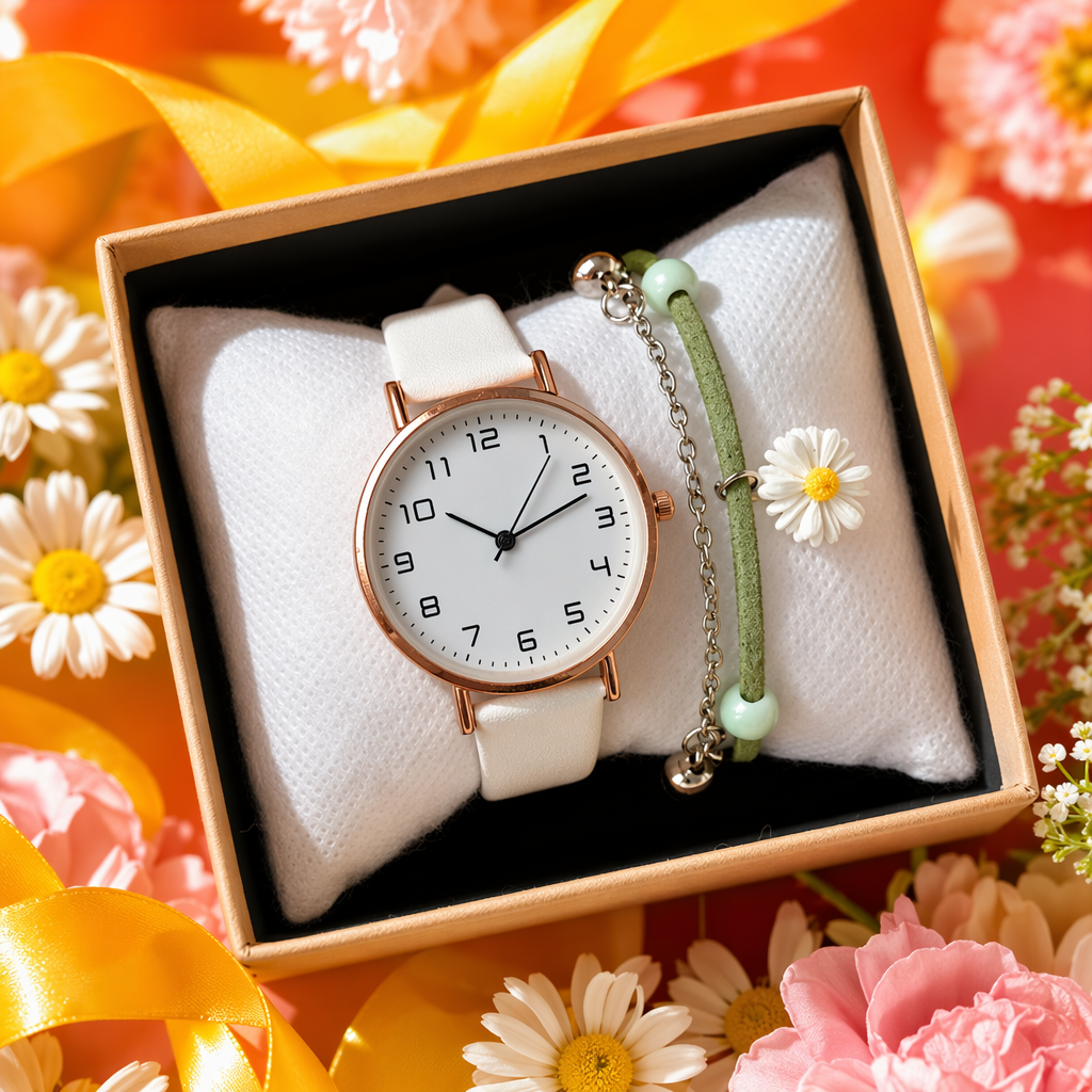 The white dial watch with a green bracelet is simple and fashionable, suitable for both men and women Specification image
