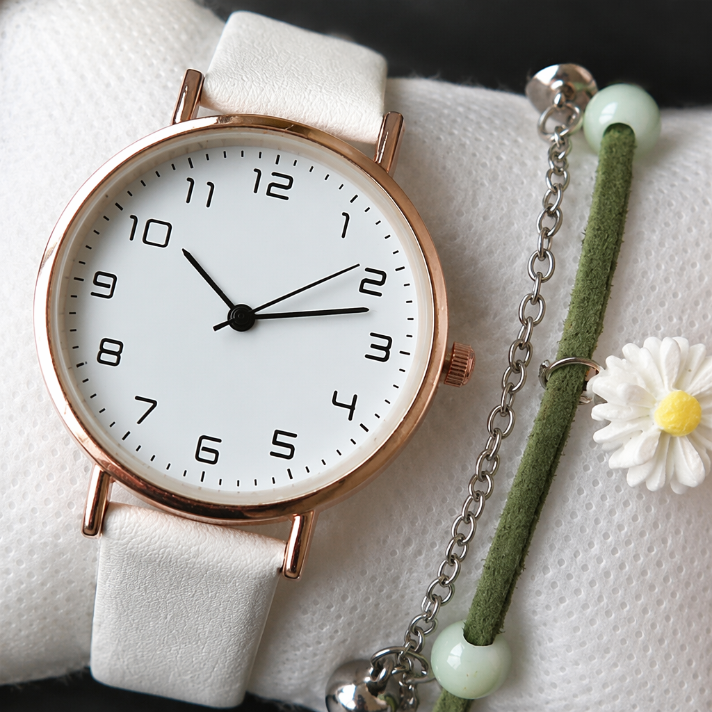 The white dial watch with a green bracelet is simple and fashionable, suitable for both men and women Application Scenario