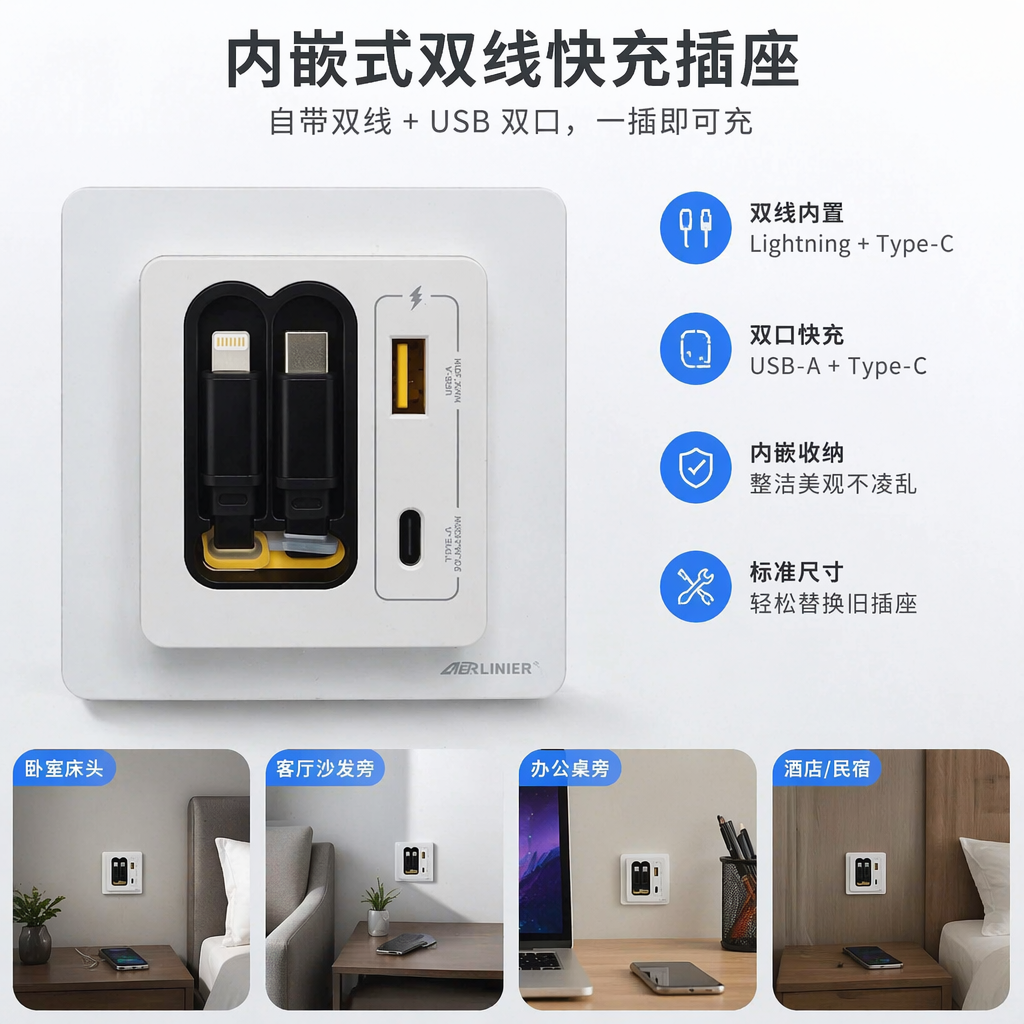 LINIER Double telescopic Cable fast charging wall socket, suitable for home and office use, exclusively for foreign trade