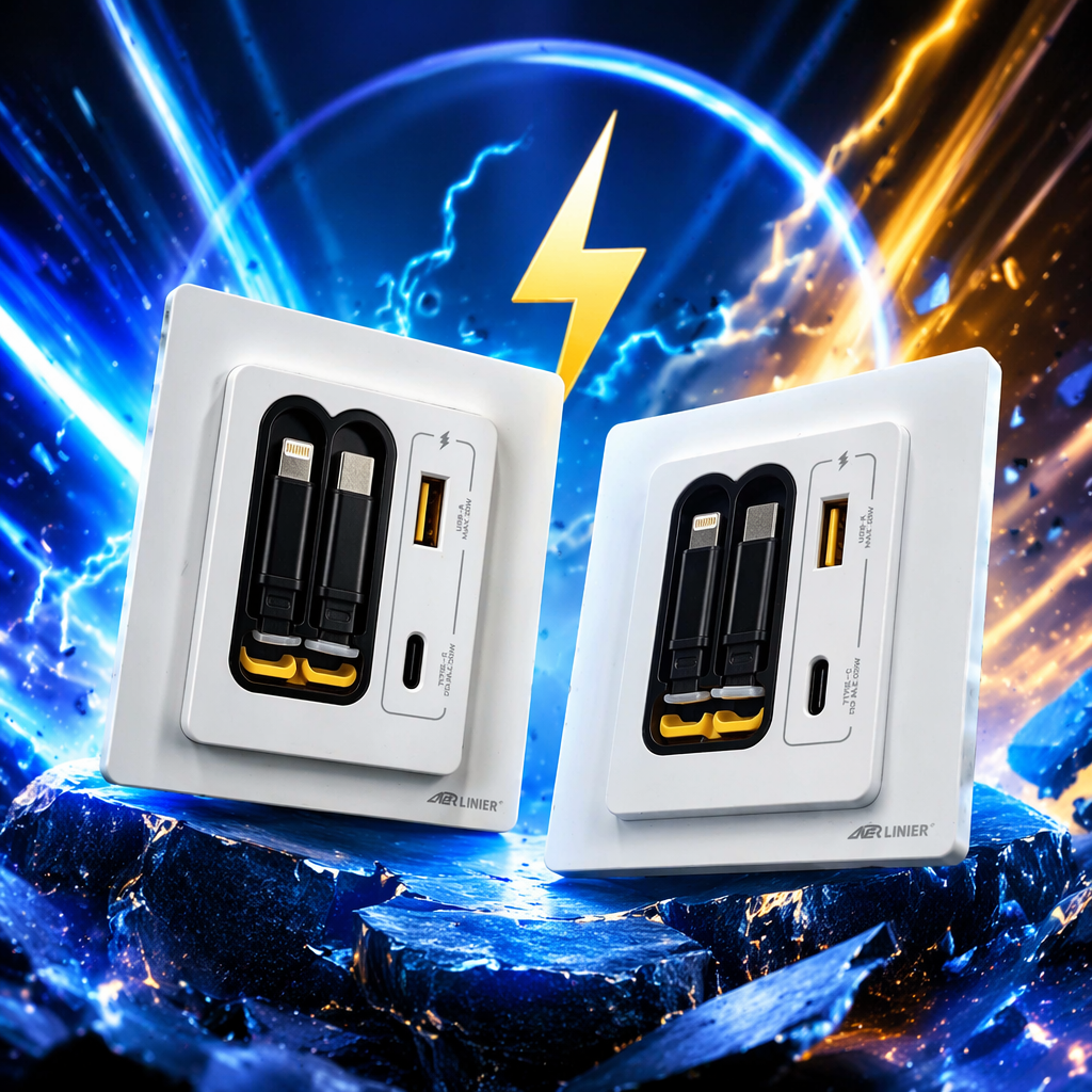 LINIER Double telescopic Cable fast charging wall socket, suitable for home and office use, exclusively for foreign trade details Picture