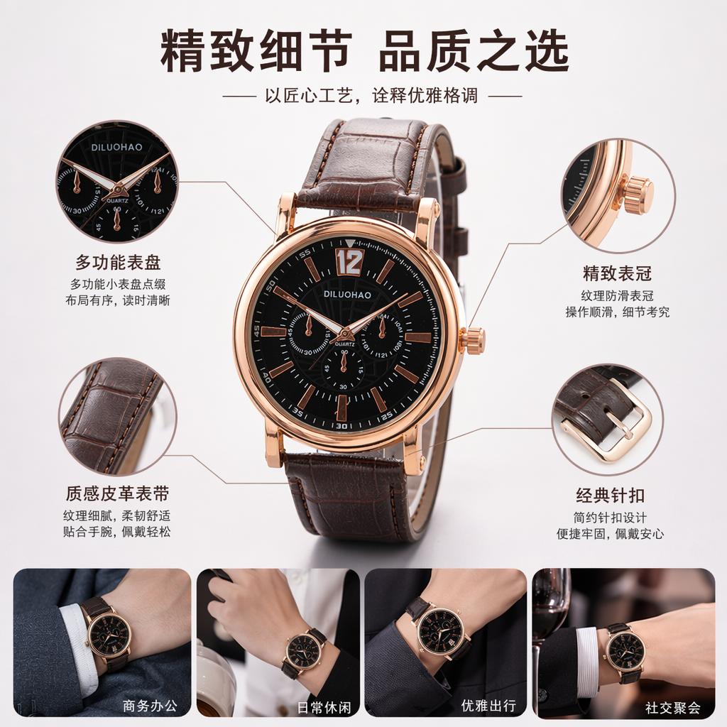 玫瑰金表壳黑色表盘棕色皮质表带手表