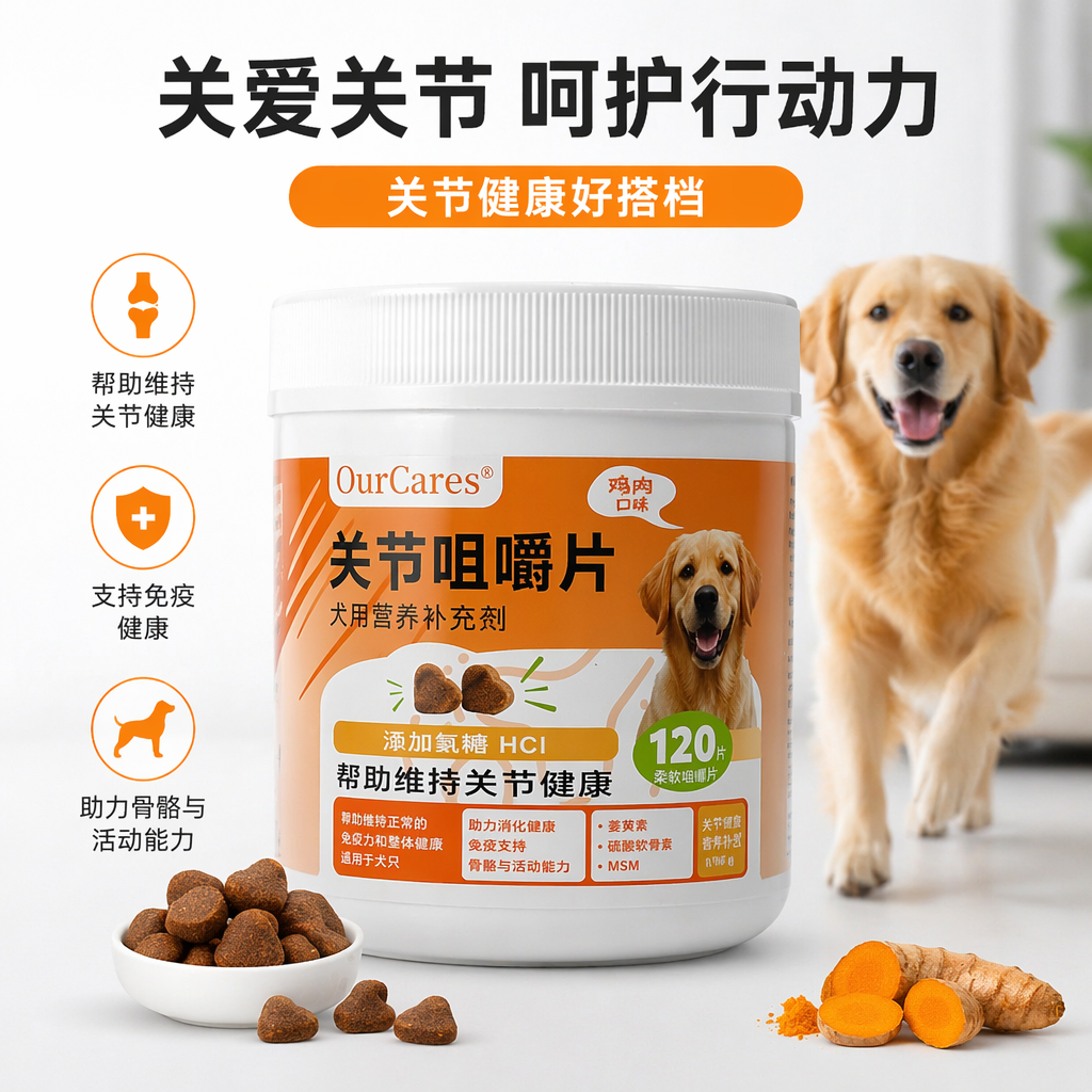 OurCares宠物关节软骨素补充剂白色瓶身鸡味120粒Hip & Joint Chews