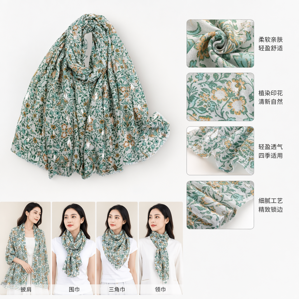 绿色碎花纯棉围巾女士秋冬保暖时尚百搭