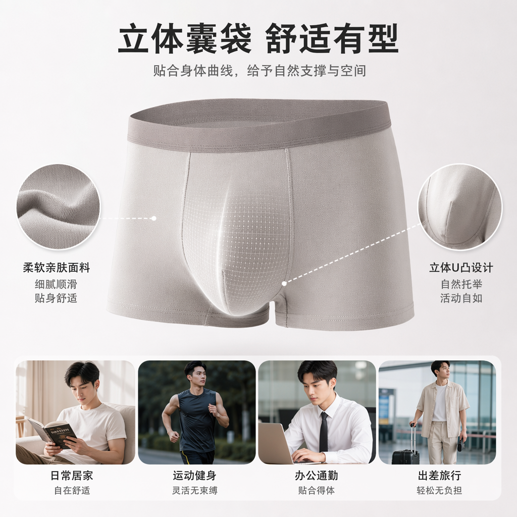 Light grey pure cotton men's underwear is comfortable, breathable, seamless and has flat corners at the four corners