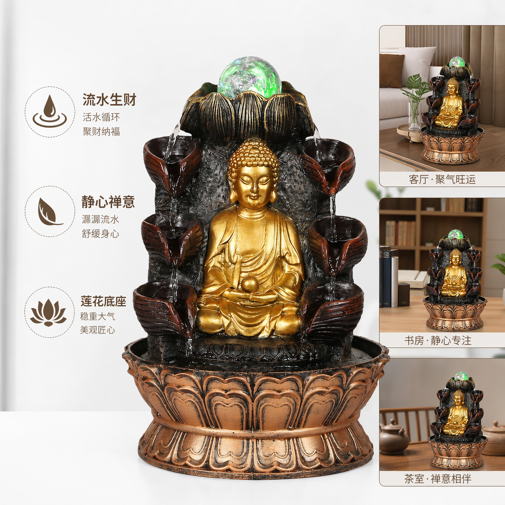 金色佛像流水摆件多层莲花喷泉顶部绿色发光球体