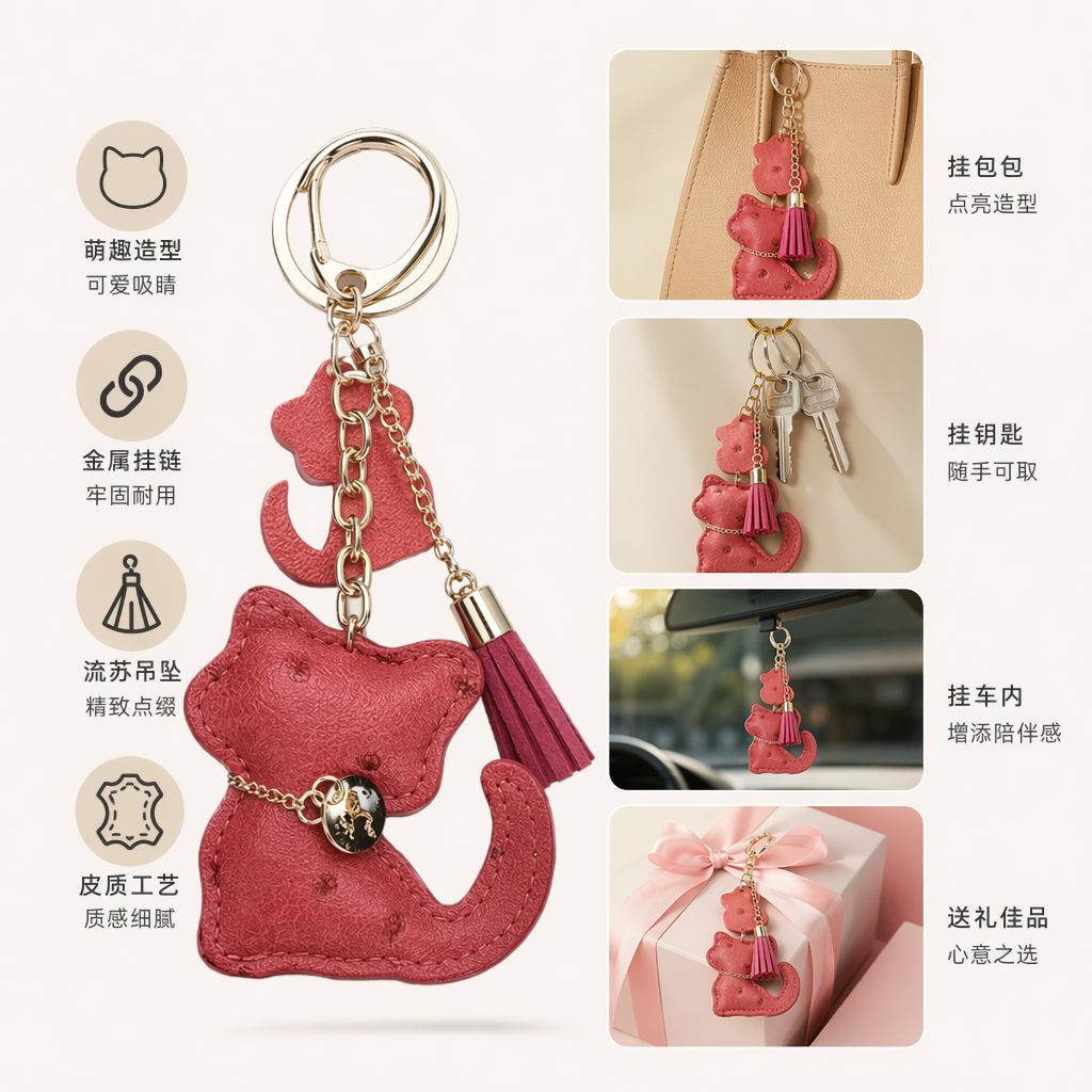 彩色猫形皮革钥匙扣 时尚萌宠挂件 随身小物