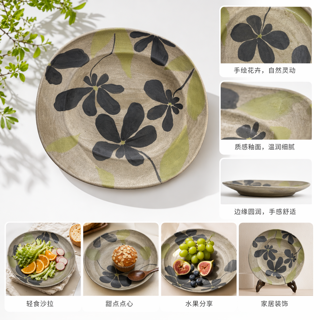 米色釉面陶瓷盘黑绿花卉图案家用餐盘简约北欧风图