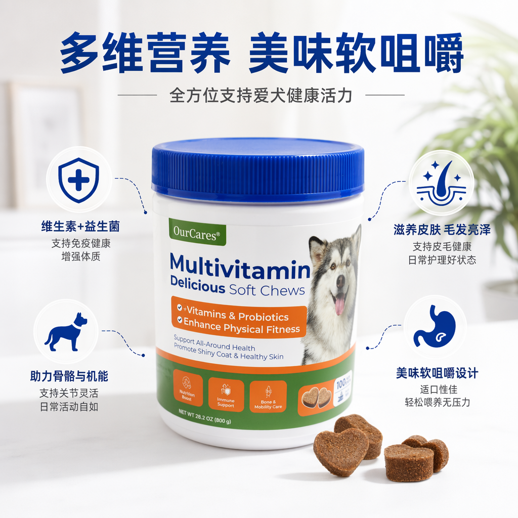 Blue lid, white can, pet multi-vitamin gummy snacks to supplement vitamins and nutrition