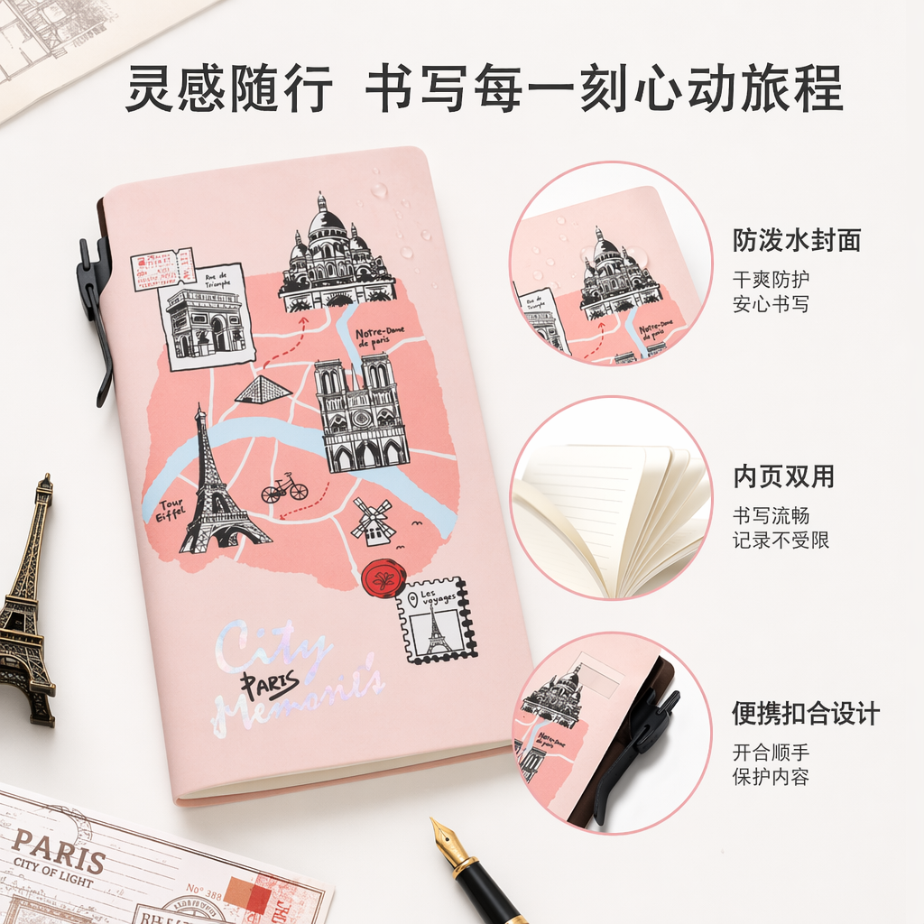 A pink Paris-themed notebook with a white keyboard is simple and artistic for students