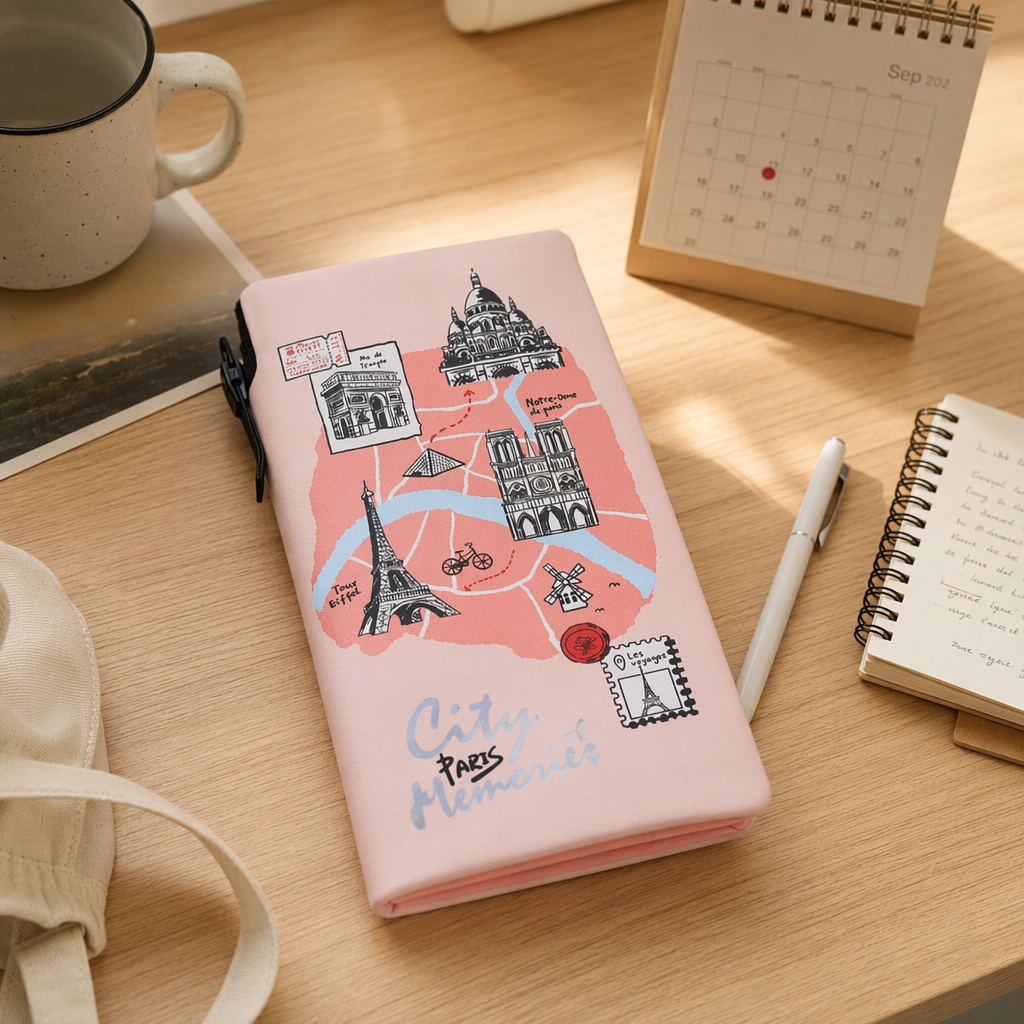 A pink Paris-themed notebook with a white keyboard is simple and artistic for students details Picture