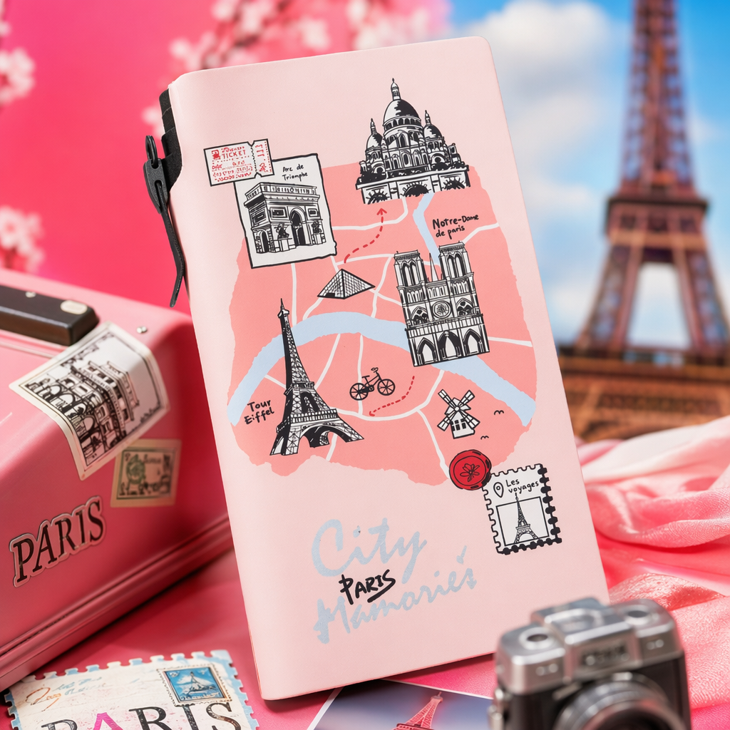 A pink Paris-themed notebook with a white keyboard is simple and artistic for students Specification image