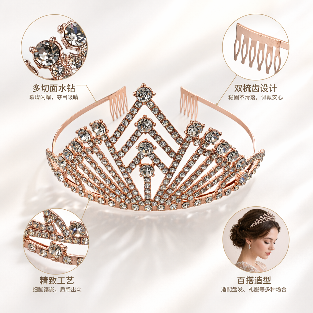Rose gold diamond-encrusted crown headwear, a fashionable wedding party bride's headwear