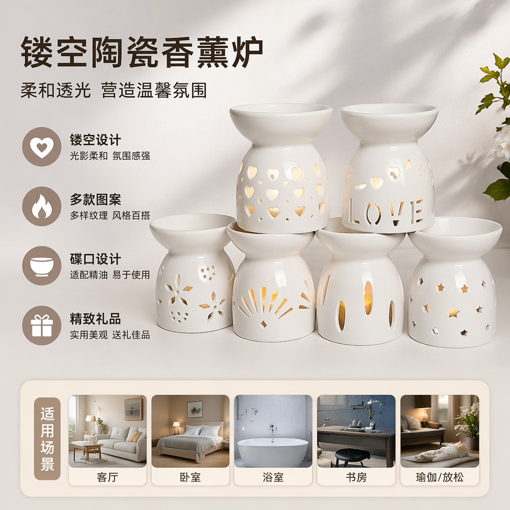 白色陶瓷香薰灯卧室氛围灯夜灯静音暖光家用 decor