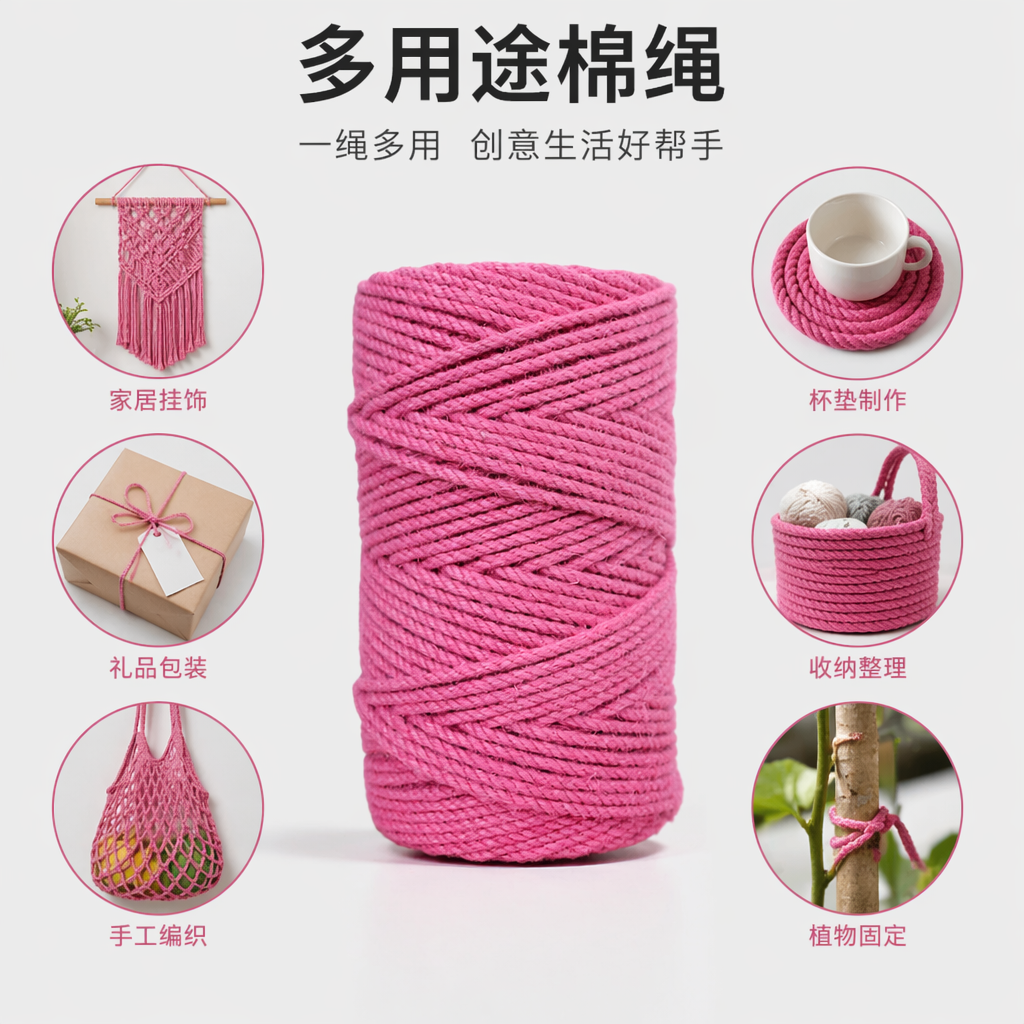 粉色麻绳卷 手工编织装饰用天然棉麻材质 家居DIY缠绕绳