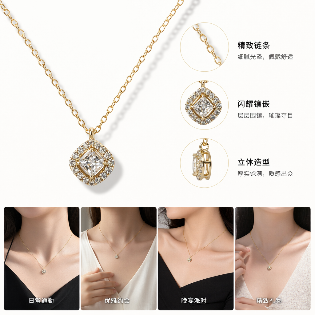 金色方形主钻项链配小钻环绕吊坠 白色丝质背景