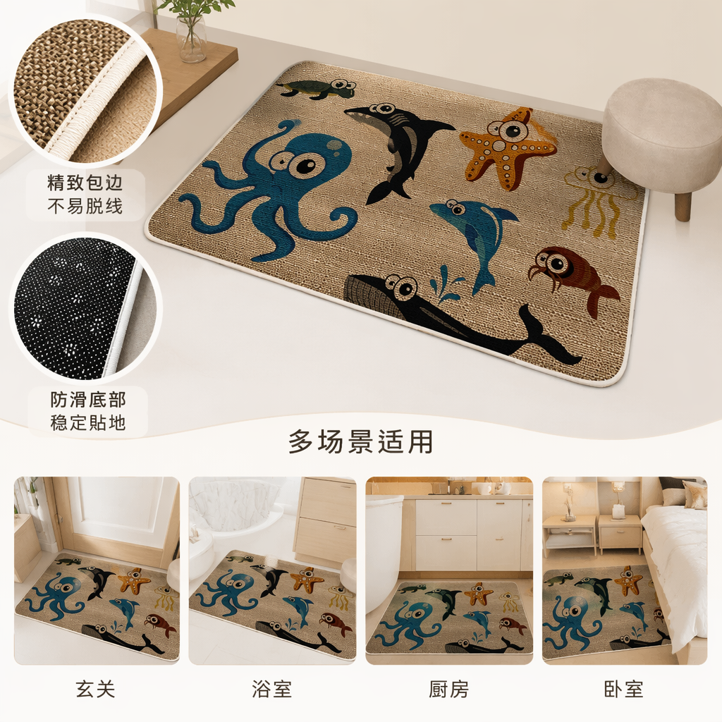 卡通海洋生物图案地垫 防滑吸水浴室厨房门垫