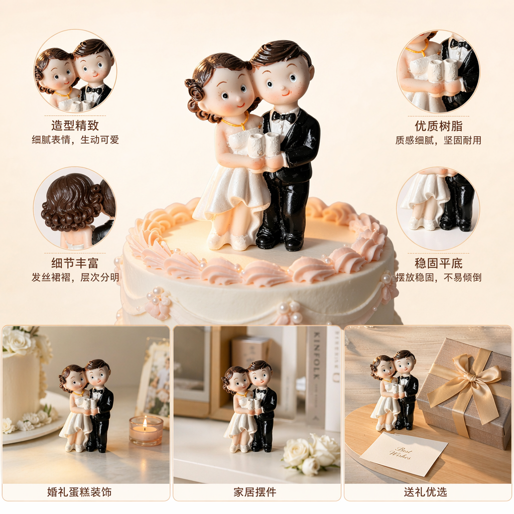 奶油色双层蛋糕婚礼新人蜡像摆件 甜蜜婚庆装饰