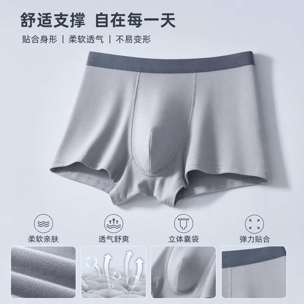Light gray-blue pure cotton men's underwear, flat corners, seamless, breathable and comfortable, daily basic style