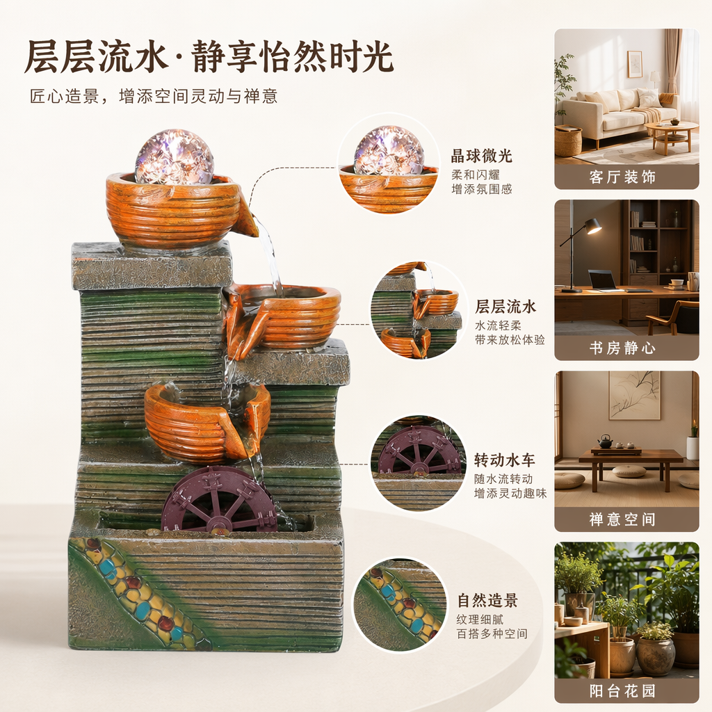 彩色陶瓷流水摆件 家居客厅桌面装饰品 水景喷泉静音设计