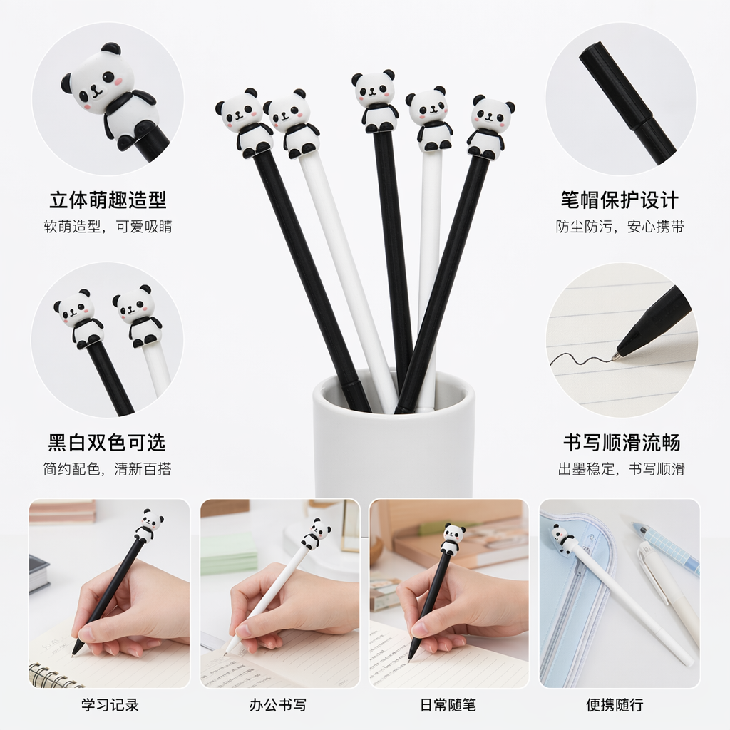 黑白熊猫造型笔 黑色白色熊猫图案中性笔