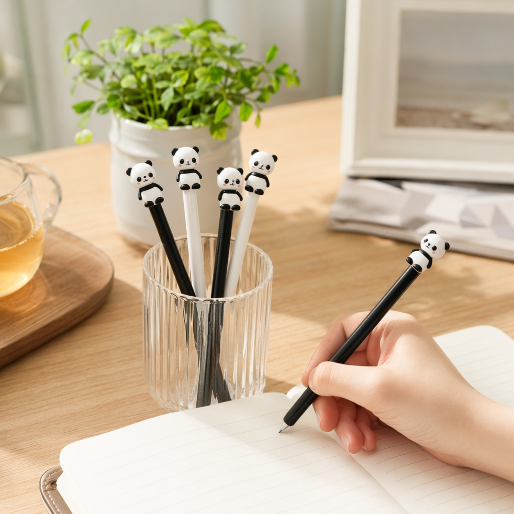Black and white panda-shaped pen, black and white panda-patterned gel pen details Picture