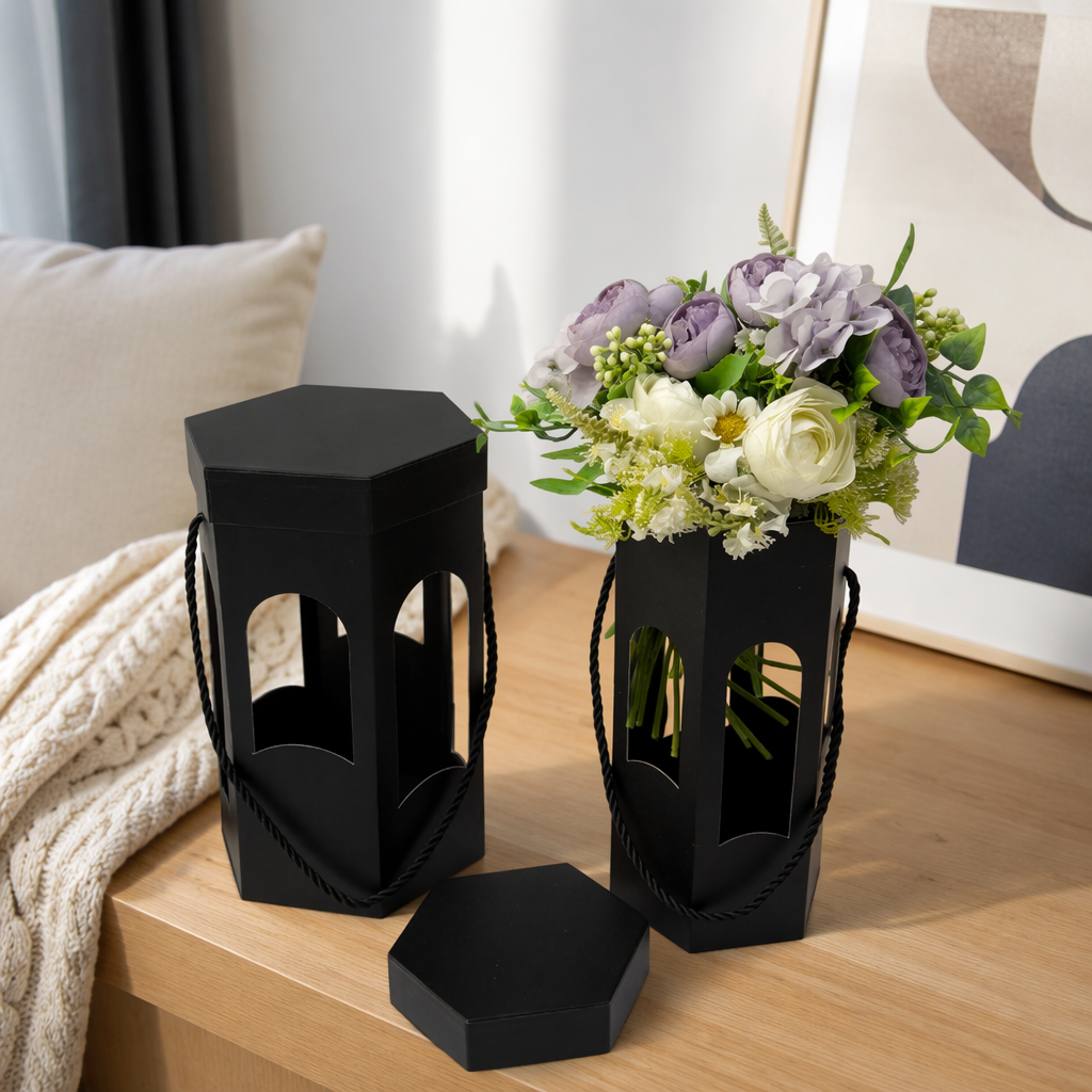 Black hexagonal flower box flower arrangement gift box, simple Nordic-style desktop decoration, ideal for gifting details Picture