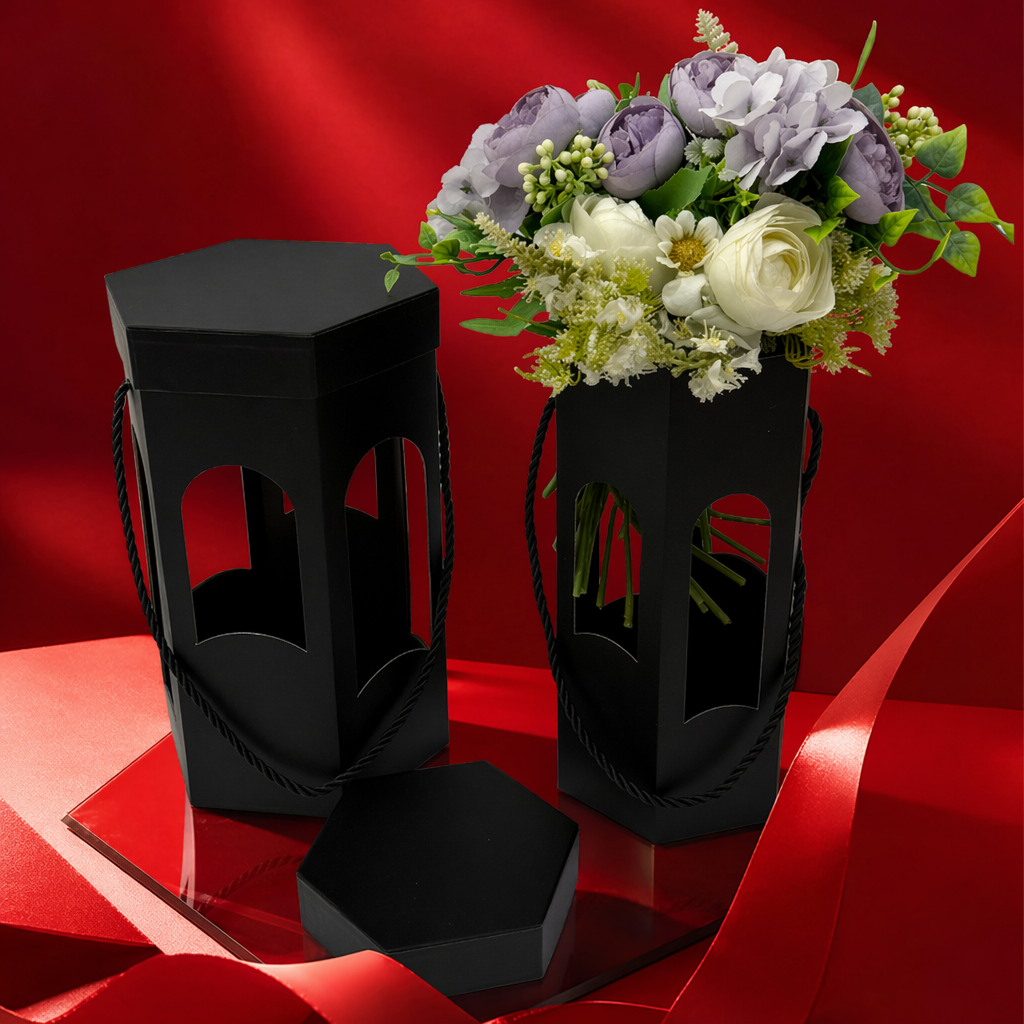 Black hexagonal flower box flower arrangement gift box, simple Nordic-style desktop decoration, ideal for gifting Specification image