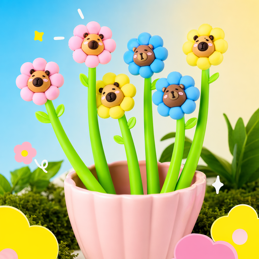Colorful flower-shaped cartoon animal face pen with pink, yellow and blue patterns and green leaf-shaped pen barrel Specification image