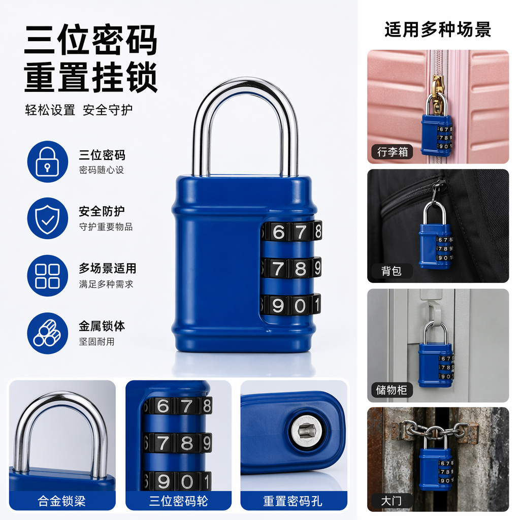 蓝色挂锁 金属防盗挂锁 家用门柜抽屉锁 防锈耐用挂式锁