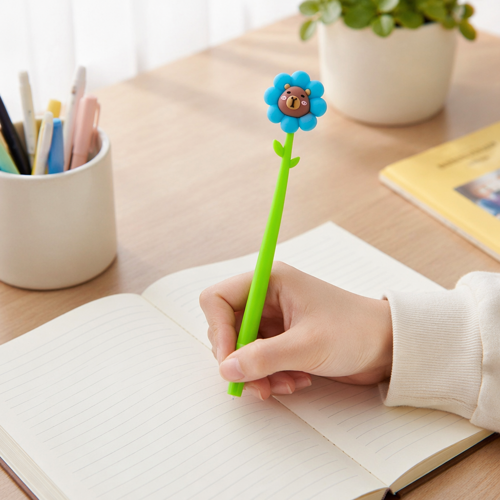 Blue flower-shaped pen body, green stem with small leaf flower center, brown cartoon bear face stationery pen details Picture