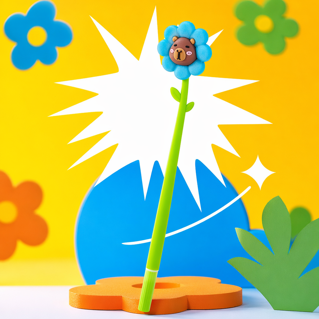 Blue flower-shaped pen body, green stem with small leaf flower center, brown cartoon bear face stationery pen Specification image