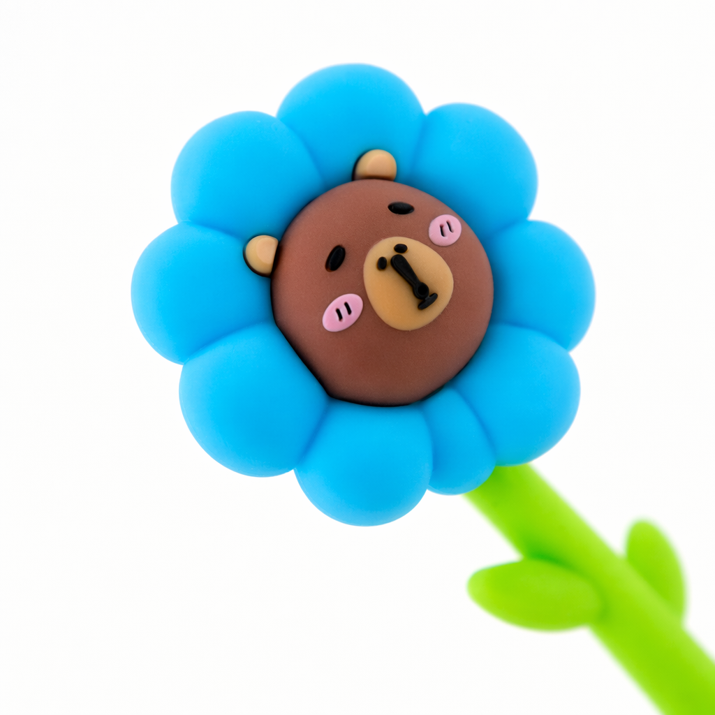 Blue flower-shaped pen body, green stem with small leaf flower center, brown cartoon bear face stationery pen Application Scenario