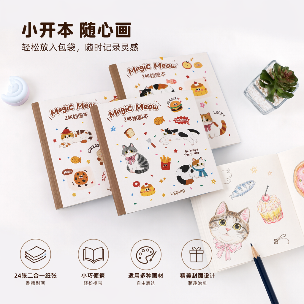 Светло-синий фон рисунка Magic Meow 24K с маленькими зелёными металлическими зажимами