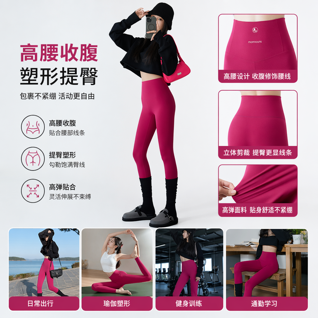 玫红色高腰紧身裤女显瘦弹力修身打底裤