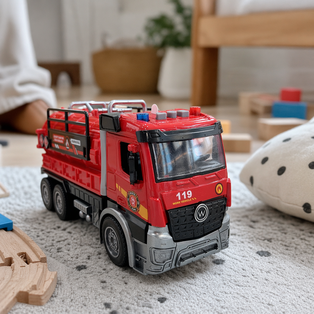 Red fire engine children's educational toy alloy car model simulation sound remote control movement details Picture
