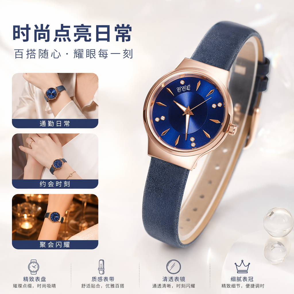 蓝色表盘玫瑰金女士手表简约时尚石英表